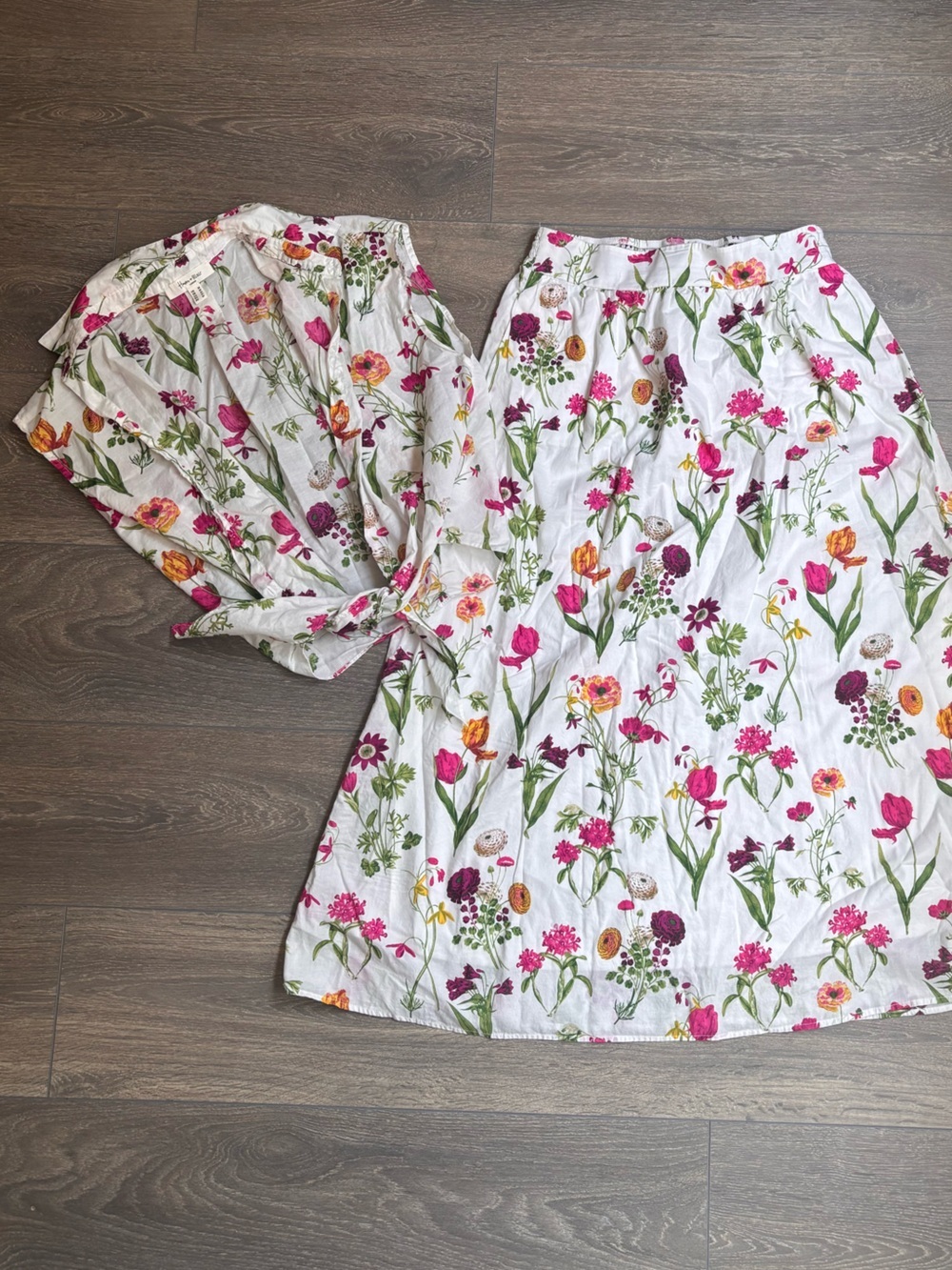 Floral A-Line Cotton Skirt Set - White with Pink & Orange Bloom Print
